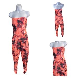 Bright coral Pink/Purple marbled strapless jumpsuit